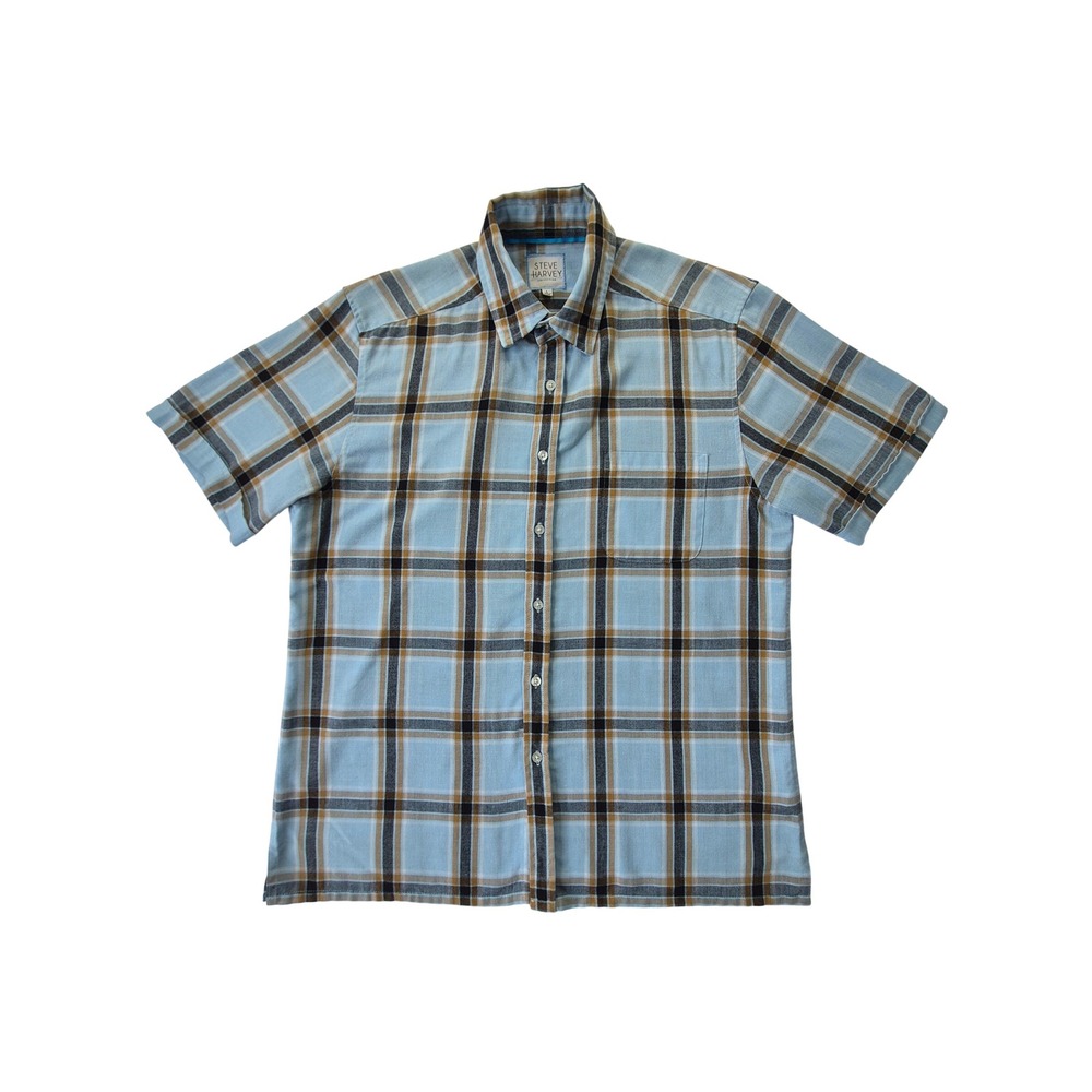 Steve Harvey Collection Mens L Linen Blend Plaid Short Sleeve Button Down Shirt